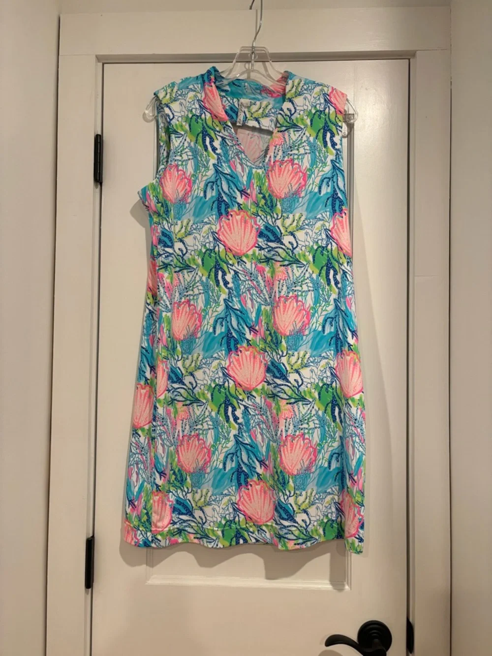 Lulu-B Sleeveless Dress White Pink Blue Shells Coral Women L Coastal Golf Preppy - Picture 11 of 12
